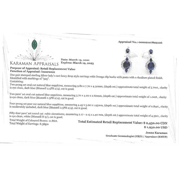Sterling Silver Fancy Drop Style Earrings with Natural Blue Sapphire - Picture 2 of 2
